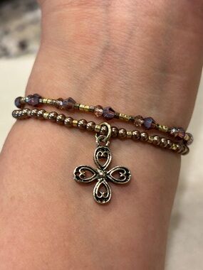Gold-Tone Beaded Bracelet Set with Filigree Cross Charm
